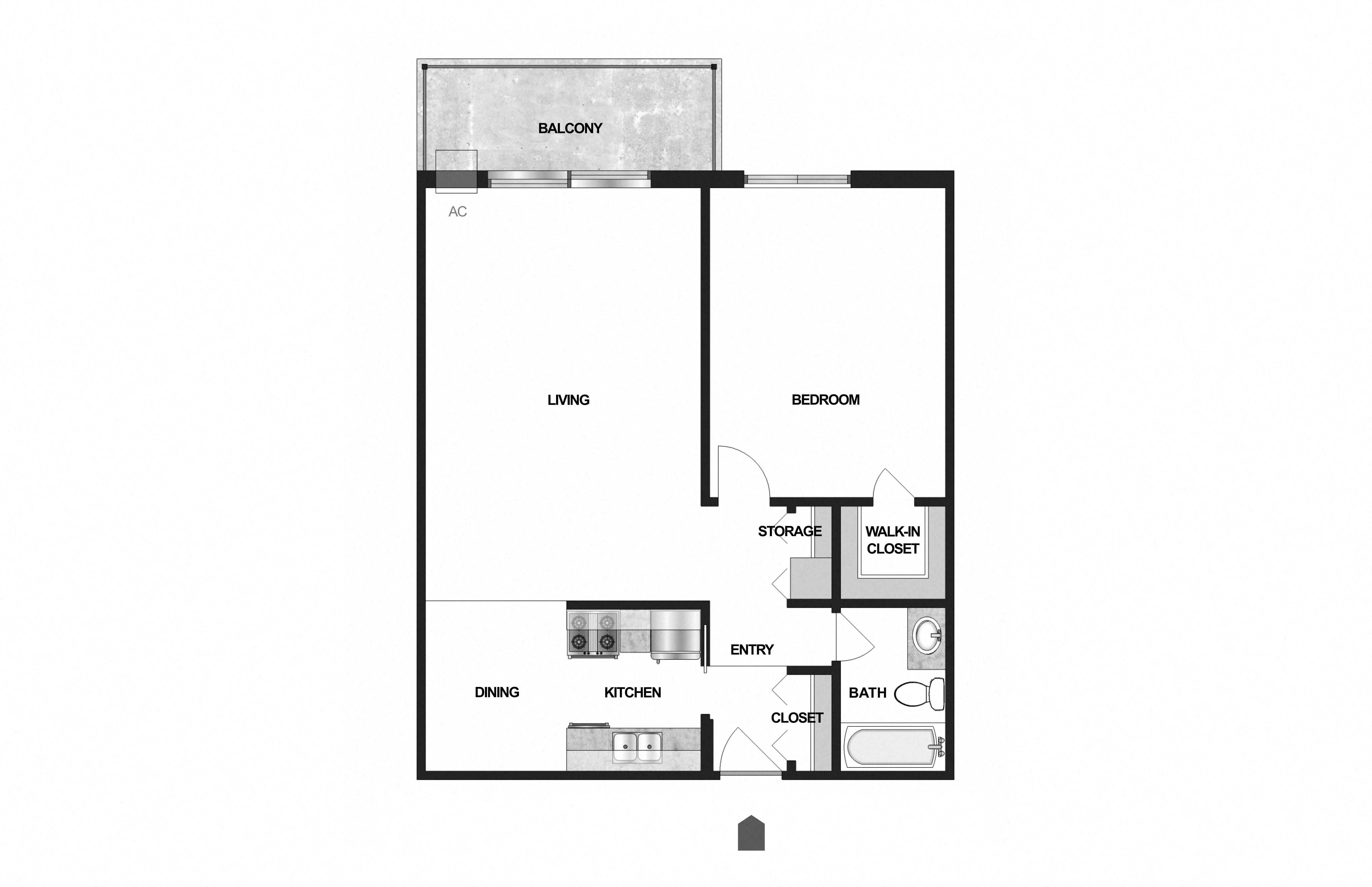 Floor plan for 1 bed, 1 bath, 711 sqft